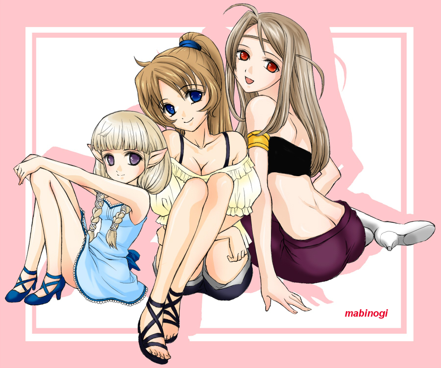 3girls ahoge ankle_lace-up armlet bad_id bad_pixiv_id bandeau blonde_hair blue_eyes boots braid breasts brown_hair butt_crack child cleavage effie_(mabinogi) harumokoko high_heels jewelry kelpie long_hair looking_back mabinogi medium_breasts meles multiple_girls off_shoulder osla pointy_ears ponytail purple_eyes red_eyes sandals shoes shorts sitting smile strapless tube_top twin_braids