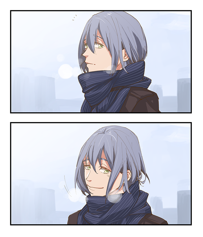 1boy black_gloves comic gloves gradient_background green_eyes high_speed! looking_at_viewer male_focus megumi-square outdoors purple_hair scarf serizawa_nao short_hair sky smile solo upper_body