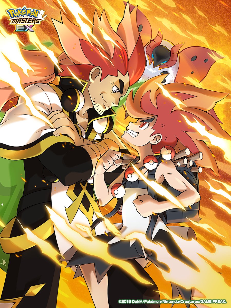 2boys alder_(arc_suit)_(pokemon) alder_(pokemon) backpack bag benga_(pokemon) black_bag black_pants cape clenched_hands commentary_request eye_contact facial_hair fire from_side game_freak gen_5_pokemon grandfather_and_grandson grey_eyes grin highres looking_at_another male_focus multiple_boys nintendo official_art orange_hair pants poke_ball poke_ball_(basic) pokemon pokemon_(creature) pokemon_bw2 pokemon_masters_ex red_eyes red_hair shirt sleeveless sleeveless_shirt smile teeth torn_clothes torn_pants volcarona watermark white_cape white_shirt