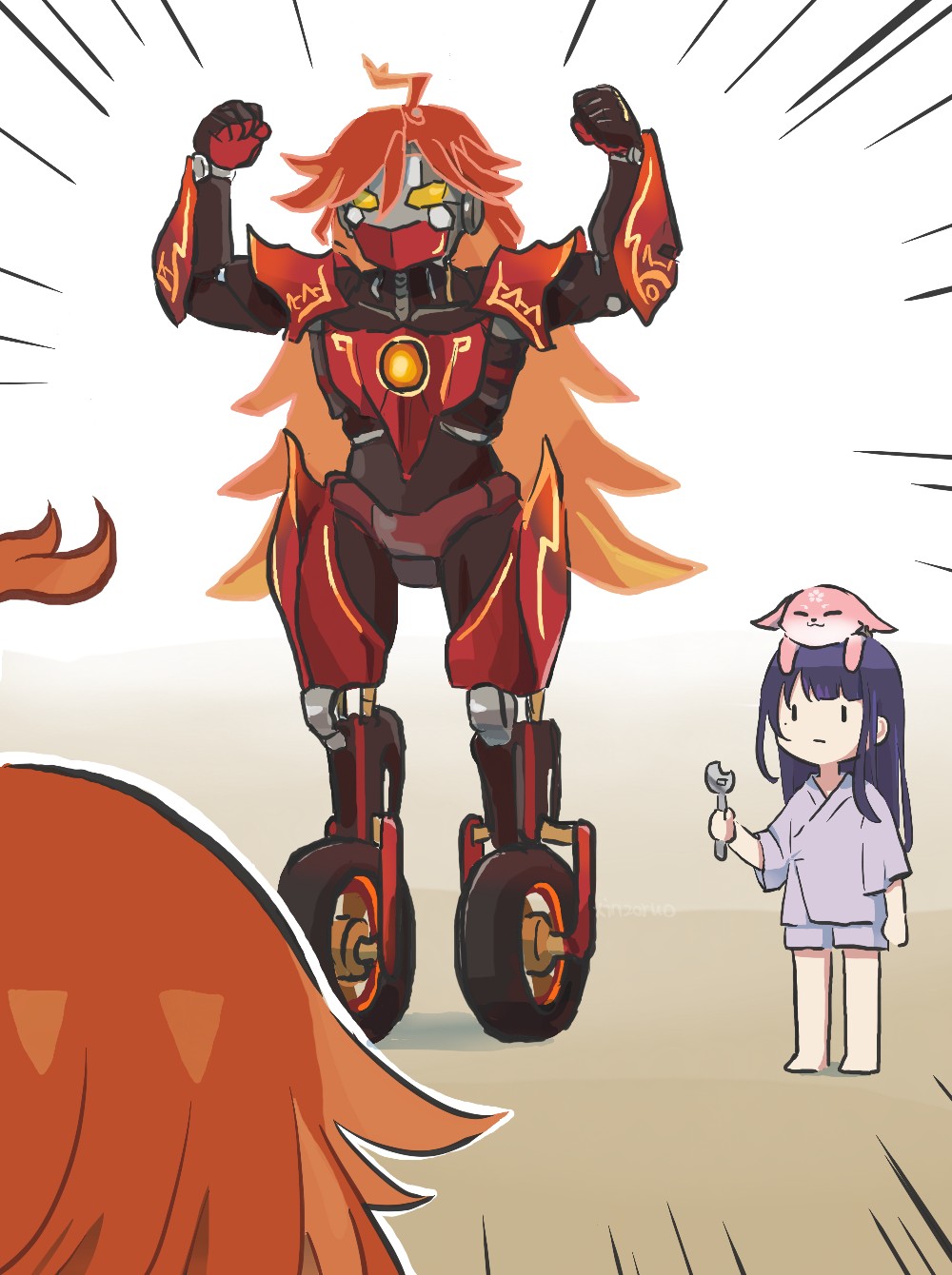 2girls ahoge animal animal_on_shoulder commentary emphasis_lines english_commentary expressionless flamestrider_(genshin_impact) fox_on_head genshin_impact highres holding holding_wrench mavuika_(genshin_impact) mecha motor_vehicle motorcycle multiple_girls orange_hair purple_hair purple_shirt purple_shorts raiden_shogun robot shirt shorts standing wrench xinzoruo yae_miko yae_miko_(fox)