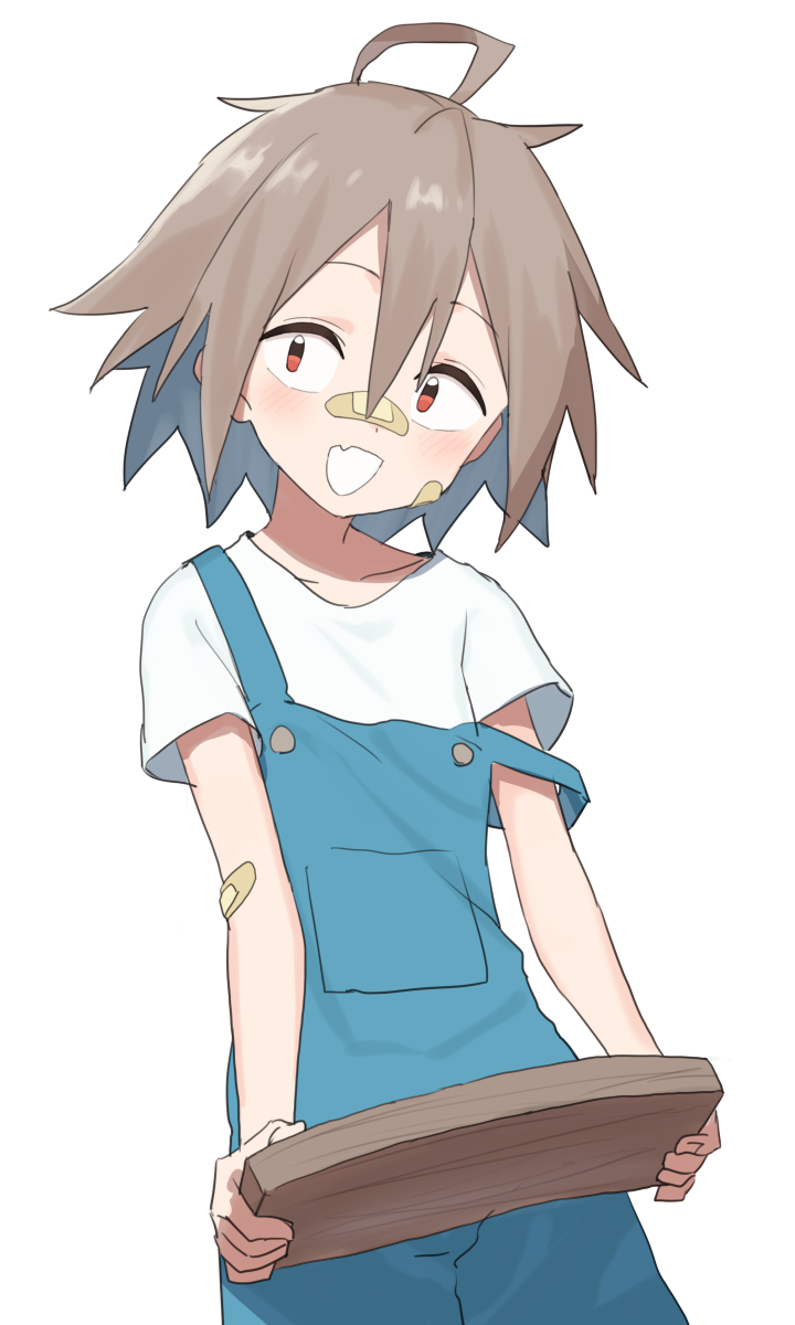 1girl ahoge bandaid bandaid_on_arm bandaid_on_face bandaid_on_nose blue_overalls brown_hair commentary_request do_it_yourself!! fang gazacy_(dai) hair_between_eyes highres holding open_mouth overalls red_eyes shirt short_hair short_sleeves simple_background skin_fang solo white_background white_mouth white_shirt yua_serufu