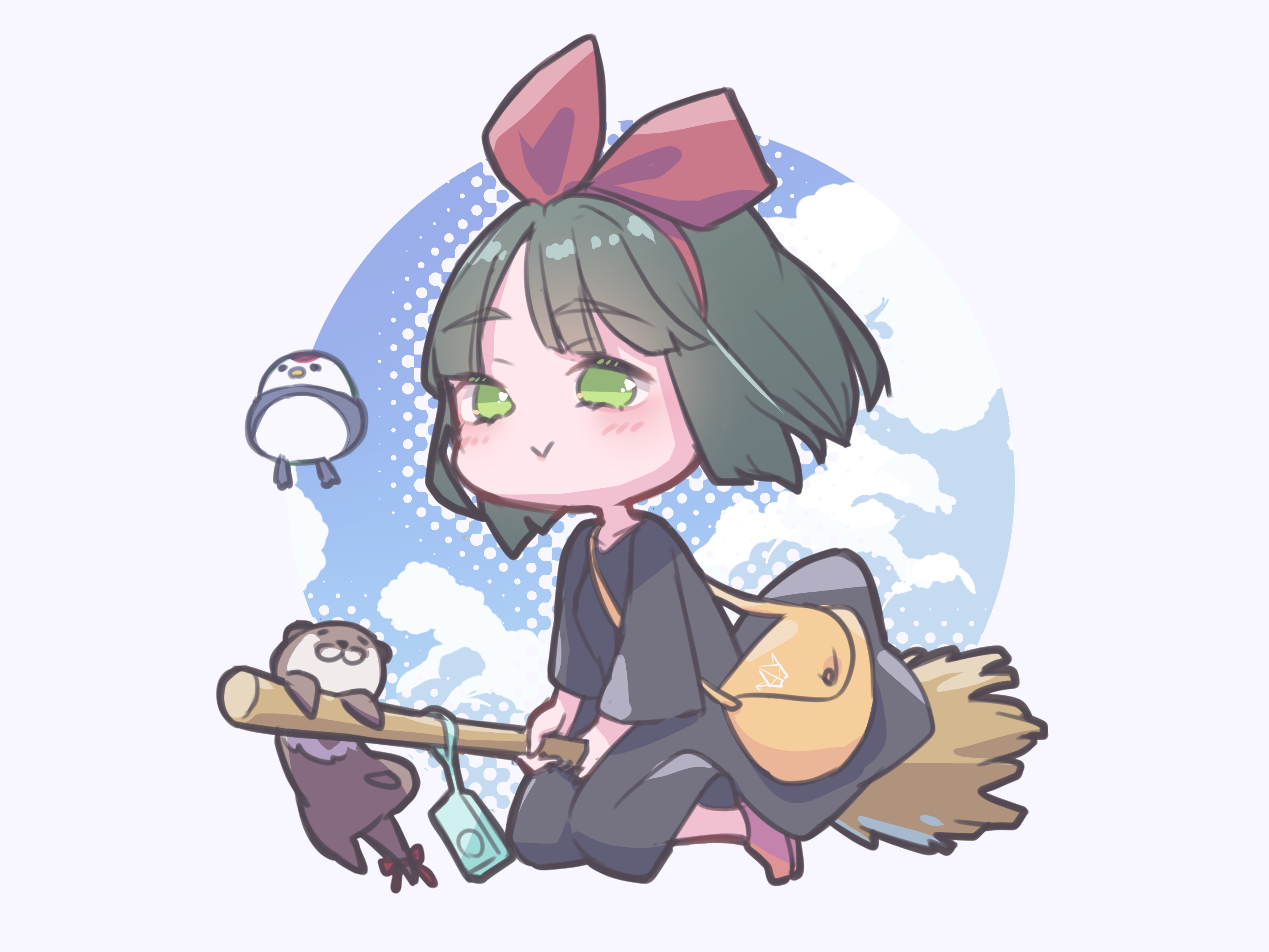 1girl :> absurdres animal bag black_dress black_hair blue_sky blunt_bangs blunt_ends blush bow bow_hairband broom broom_riding closed_mouth cloud commentary cosplay deformed dress full_body green_eyes hairband highres kiki_(majo_no_takkyuubin) kiki_(majo_no_takkyuubin)_(cosplay) kirisaki_nuko link!_like!_love_live! long_dress love_live! majo_no_takkyuubin momose_ginko otter otter_(hasu_no_sora) pink_shoes red_bow red_hairband round_image satchel shoes short_hair sky smile solo stuffed_animal stuffed_bird stuffed_toy three-quarter_sleeves tsuru_(love_live!) virtual_youtuber yellow_bag