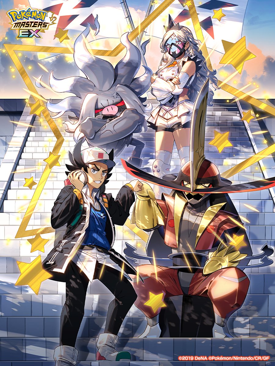1boy 1girl anger_vein annihilape baseball_cap bike_shorts black_hair black_jacket crossed_arms eri_(pokemon) facepaint fist_bump flag giacomo_(pokemon) grey_hair hat headphones highres jacket kingambit looking_at_viewer muscular muscular_female nintendo official_art pokemon pokemon_(creature) pokemon_masters_ex pokemon_sv second-party_source stairs standing star_(symbol) team_star veins veiny_arms zounose