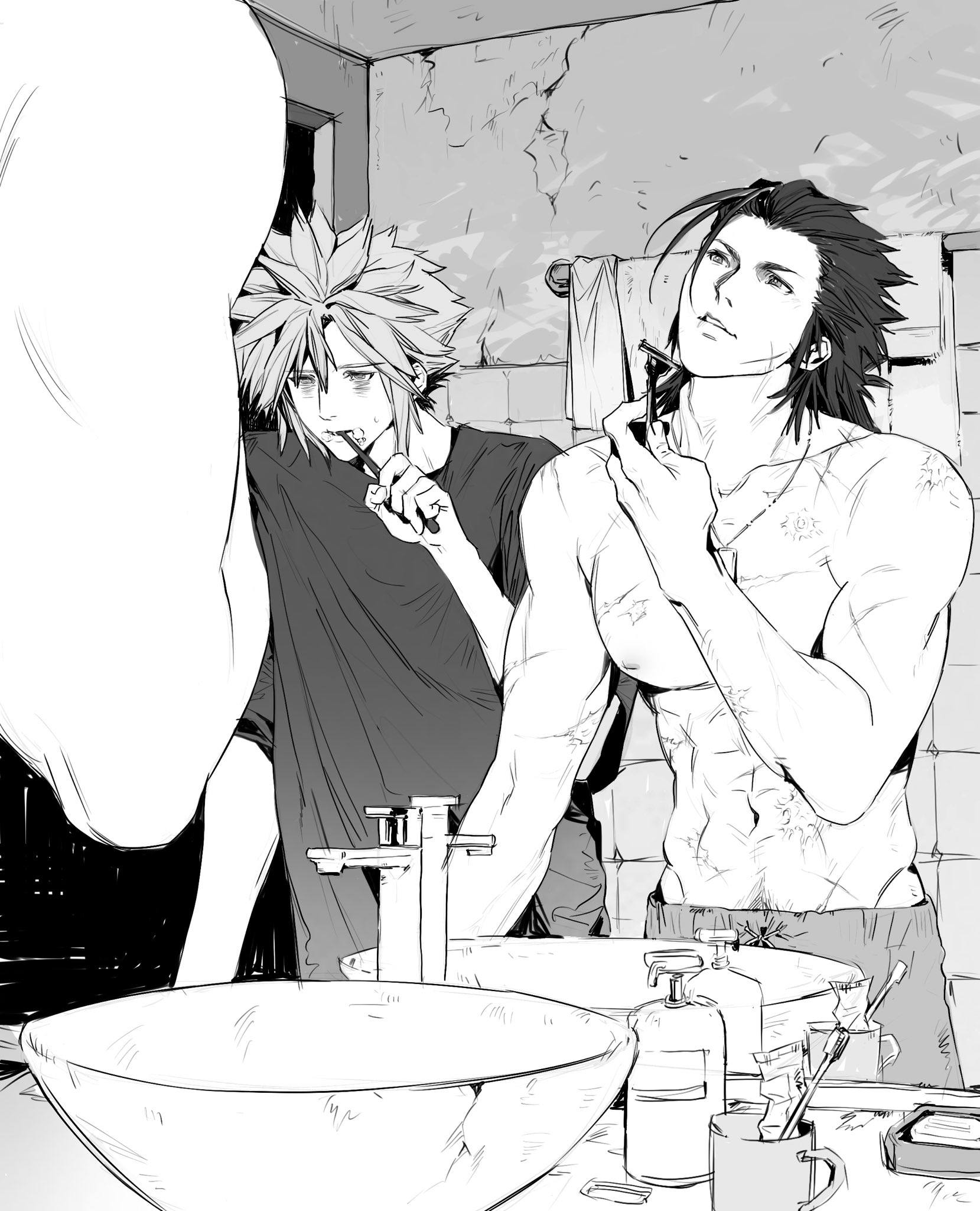 2boys bags_under_eyes bathroom brushing_teeth bullet_scar cloud_strife dog_tags facial_scar final_fantasy final_fantasy_vii greyscale hair_between_eyes hair_slicked_back highres holding holding_razor holding_toothbrush male_focus medium_hair monochrome multiple_boys muscular muscular_male parted_lips razor safety_razor scar scar_on_arm scar_on_cheek scar_on_chest scar_on_face shaving shirt short_hair sideburns sink spiked_hair t-shirt tile_wall tiles toothbrush topless_male upper_body xevir3399 zack_fair