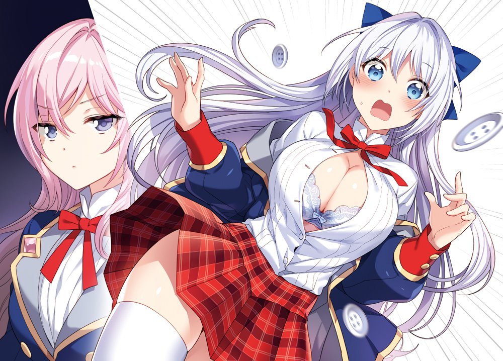 2girls aqua_eyes bow breasts bursting_breasts cleavage dress_shirt filia_e_usel flying_button grey_hair hair_bow hands_up jacket jitome large_breasts long_hair megami_ni_damasareta_ore_no_isekai_harem_seikatsu multiple_girls nana_b_forest nardack neck_ribbon novel_illustration off_shoulder official_art open_clothes open_jacket open_mouth paneled_background pink_hair plaid_clothes plaid_skirt popped_button purple_eyes ribbon second-party_source shirt skirt sleeve_cuffs thighhighs white_thighhighs zettai_ryouiki