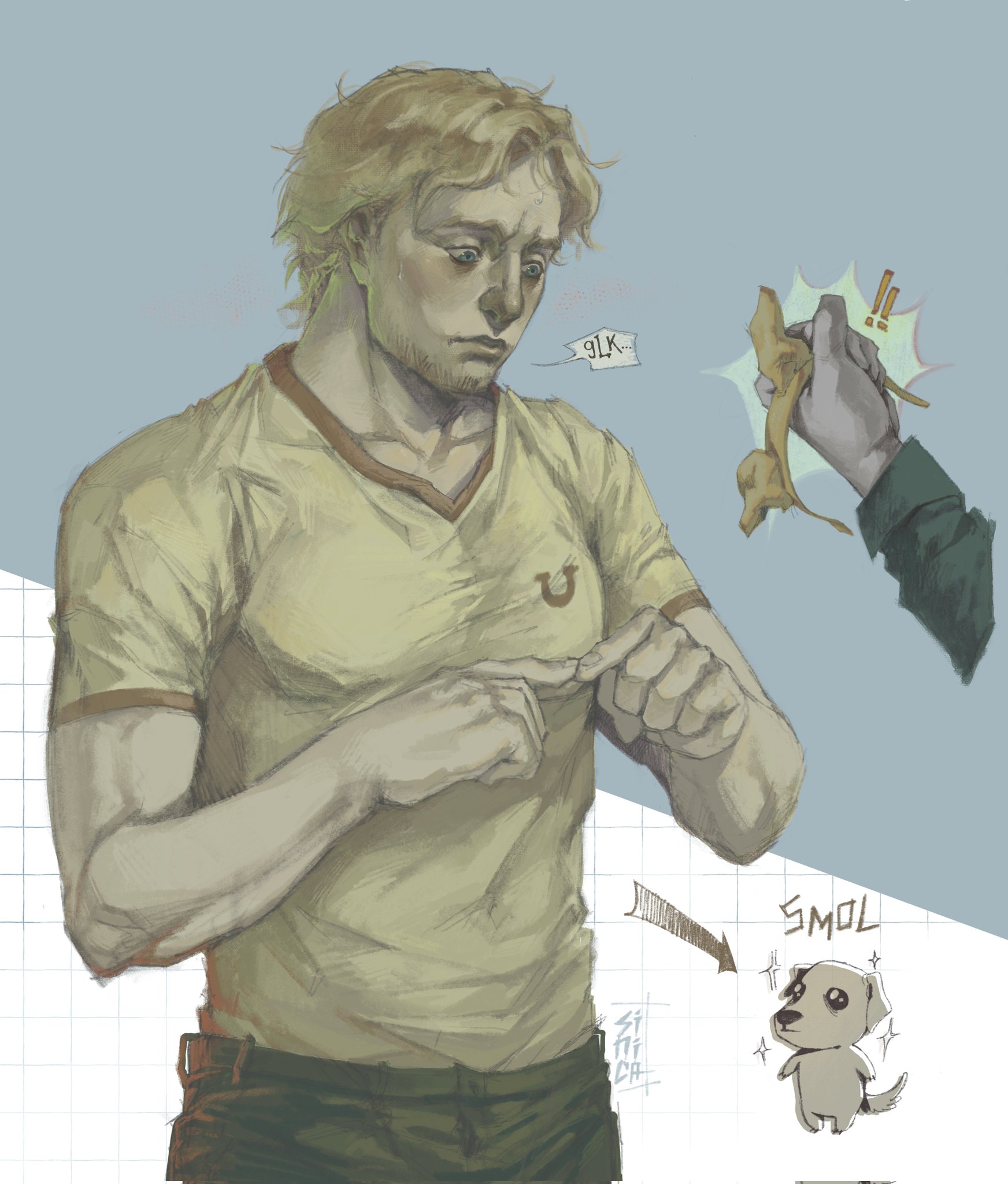 ! !! 1boy arrow_(symbol) beard_stubble belt blonde_hair blue_eyes blush chibi curly_(mouthwashing) curly_(pre-crash)_(mouthwashing) curly_hair dog dog_ear_hairband english_text facial_hair finger_touching green_sleeves grid_background highres holding horseshoe_print looking_at_object male_focus mouthwashing muscular muscular_male out_of_frame pleading_eyes shirt short_hair solo sparkle speech_bubble stubble sweatdrop tomtit_bird toned toned_male two-tone_background upper_body yellow_shirt