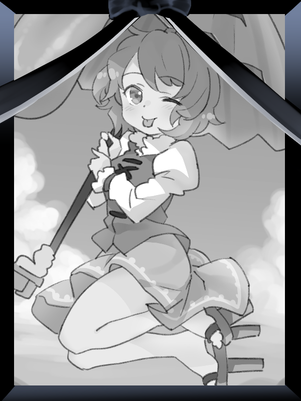 1girl ;p blush cloud collared_shirt cross-laced_clothes day dot_nose female_focus flying frilled_shirt_collar frilled_sleeves frills geta greyscale holding holding_umbrella iei juliet_sleeves karakasa_obake long_sleeves looking_at_viewer monochrome one_eye_closed outdoors photo_(object) picture_frame pine_(pine-box) puffy_sleeves ribbon sandals shirt short_hair skirt sky smile solo swept_bangs tatara_kogasa tongue tongue_out touhou tsurime umbrella vest