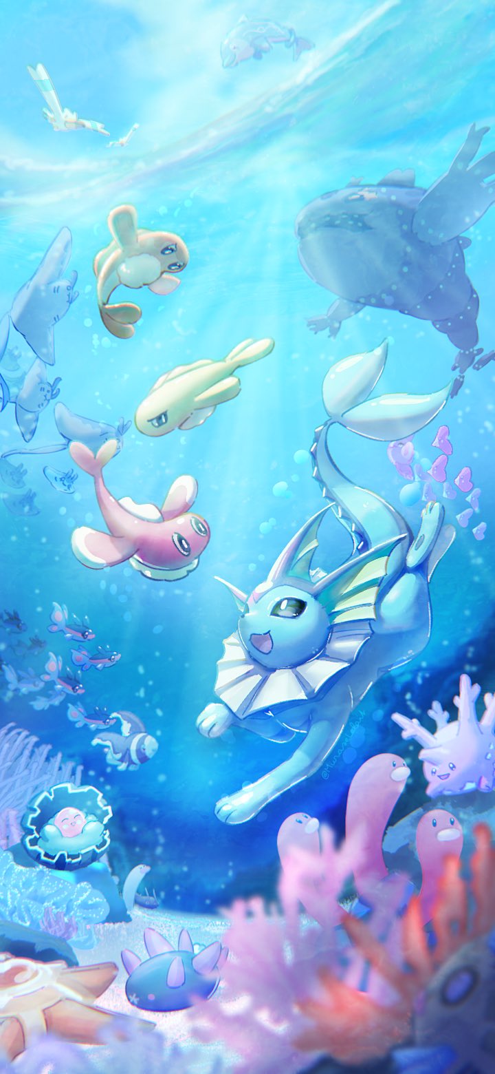 :3 animal_focus animal_hands bird black_sclera blue_skin blue_sky bubble clamperl colored_sclera colored_skin coral coral_reef corsola feebas finizen finneon fins fish fish_tail gen_1_pokemon gen_2_pokemon gen_3_pokemon gen_4_pokemon gen_7_pokemon head_fins highres looking_at_another lumineon luvdisc mantine murase_(muraselelait) nintendo no_humans open_mouth pokemon pokemon_(creature) pyukumuku sand sky smile staryu tail tatsugiri underwater vaporeon wingull wishiwashi wishiwashi_(school) wugtrio