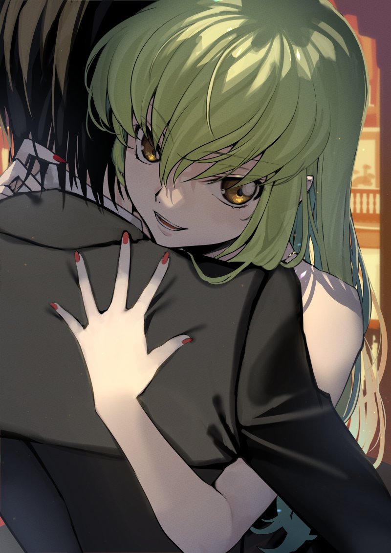 1boy 1girl 2024 :d bare_arms black_hair black_jacket c.c. c.c._day code_geass commentary_request creayus dated_commentary eyes_visible_through_hair from_behind green_hair hair_between_eyes hand_on_another&#039;s_neck hetero hug jacket lelouch_vi_britannia long_hair looking_at_viewer nail_polish nose open_mouth red_nails short_hair smile teeth upper_body v-shaped_eyebrows very_long_hair yellow_eyes