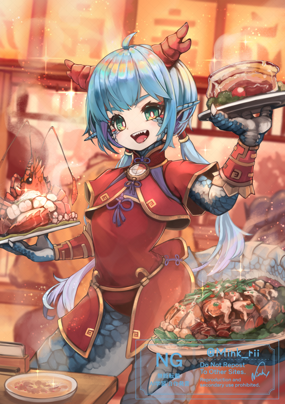 1girl animal_hands blue_hair blue_scales china_dress chinese_clothes claws commentary_request cowboy_shot dragon_girl dragon_horns dragon_tail dress eastern_dragon_horns flat_chest food green_eyes highres holding holding_plate horns indoors lobster long_hair looking_at_viewer low_twintails minksama monster_girl original plate sharp_teeth solo tail teeth twintails