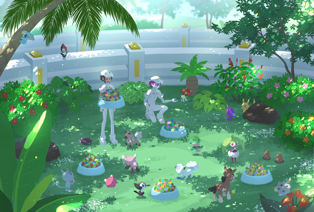 2boys aether_foundation_employee aether_foundation_employee_(cosplay) alolan_diglett alolan_form alolan_meowth alolan_vulpix banned_artist berry berry_(pokemon) bowl bush commentary_request cosplay dulse_(pokemon) floette floette_(red_flower) flower fomantis food forgotten_artist gen_1_pokemon gen_6_pokemon gen_7_pokemon grass hat holding jumpsuit kneeling komala male_focus minior mudbray multiple_boys nintendo pet_bowl pikachu pikipek poipole pokemon pokemon_usum pyukumuku red_flower rockruff shoes sleeves_rolled_up standing steenee stufful togedemaru tree ultra_beast white_footwear white_headwear white_jumpsuit
