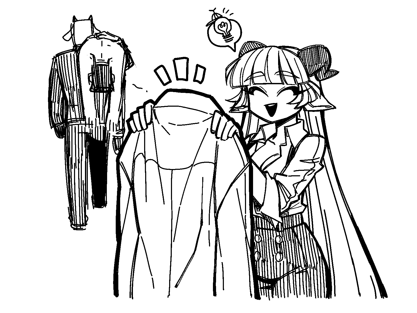 animal_ears baphomet_(grizz) black_horns buttons coat collared_shirt demon demon_girl demon_horns dress_shirt formal_clothes goat_bodyguard_(grizz) goat_boy goat_ears goat_girl greyscale grizz happy helltaker helltaker_(character) highres horns idea light_bulb lineart long_hair looking_at_viewer monochrome necktie open_mouth original pinstripe_pattern red_shirt ribbon shirt smile speech_bubble standing suit thought_bubble vanripper_(style) white_hair