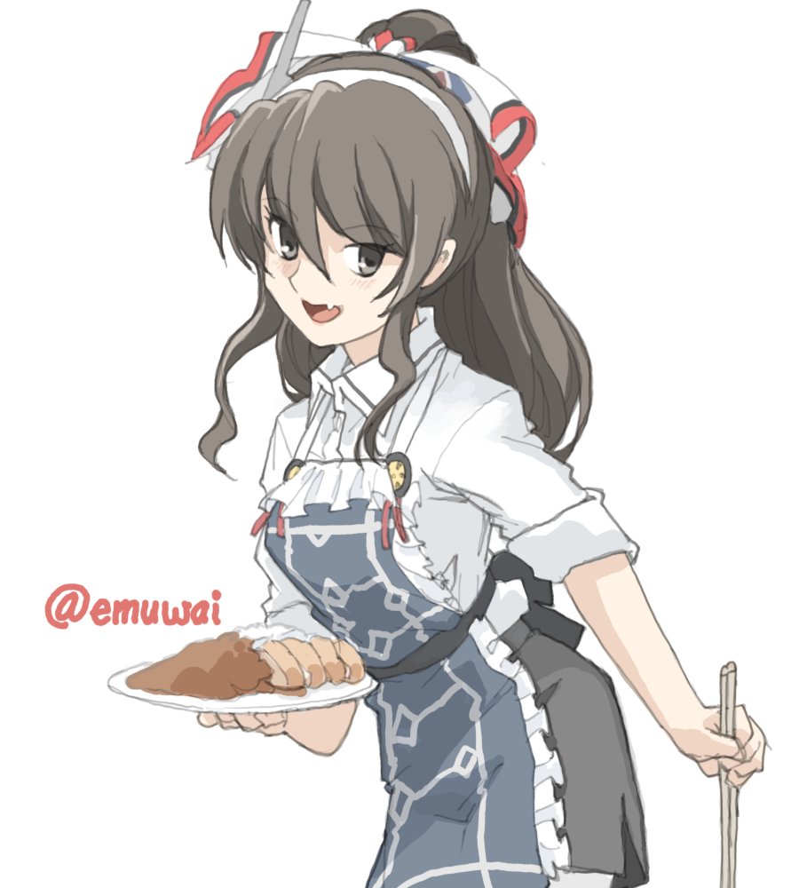 1girl apron ascot ashigara_(kancolle) ashigara_kai_ni_(ichibankuji)_(kancolle) ashigara_kai_ni_(kancolle) blush breasts brown_eyes brown_hair chopsticks cowboy_shot curry emuwai fake_horns fang food hair_between_eyes hairband horned_headwear horns kantai_collection katsu_curry large_breasts long_hair looking_at_viewer multicolored_ascot multicolored_neckerchief neckerchief open_mouth pantyhose pencil_skirt ponytail print_neckerchief purple_apron shirt skirt smile solo wavy_hair white_background white_hairband white_pantyhose