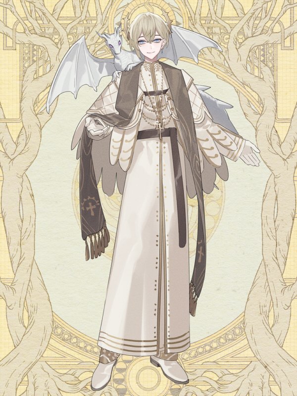 1boy animal animal_on_shoulder beckoning blue_eyes brown_sash brown_scarf capelet cassock cross cross_necklace dairoku_ryouhei dragon earrings full_body gloves halo halo_behind_head jewelry long_sleeves looking_at_viewer male_focus necklace open_hands pants robe rosary scarf shoes short_hair single_sidelock small_dragon smile socks solo standing stole umai_oimo white_capelet white_gloves white_pants white_robe white_shoes white_socks yellow_background