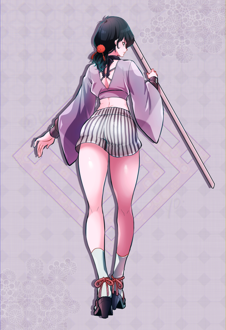 1girl ass black_hair breasts collarbone colored_inner_hair full_body genderswap genderswap_(mtf) high_heels highres ishikawa_goemon_xiii japanese_clothes kataginu long_legs looking_back lupin_iii marimo_(yousei_ranbu) multicolored_hair ponytail sandals short_hair skirt socks solo standing weapon