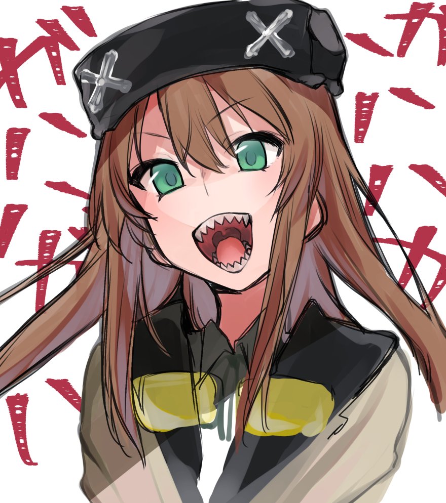 1girl black_headwear brown_hair el_mofus el_mofus_(brown_hair_female) fangs goggles goggles_around_neck green_eyes jacket long_hair open_mouth rance_(series) rance_x sharp_teeth shikosour teeth tongue white_background