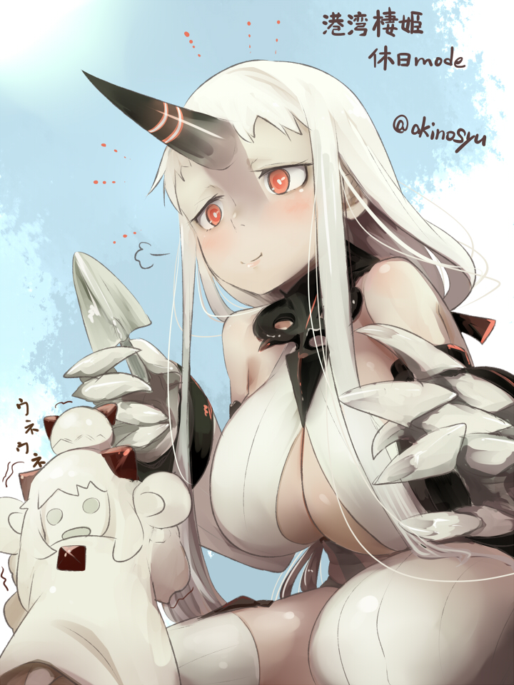 1girl abyssal_ship akino_shuu bare_shoulders blue_sky blush breasts cleavage closed_mouth cloud day dress holding horns kantai_collection large_breasts long_hair outdoors pale_skin red_eyes seaport_princess single_horn sky smile solo thighhighs translation_request trowel twitter_username very_long_hair white_dress white_hair white_thighhighs