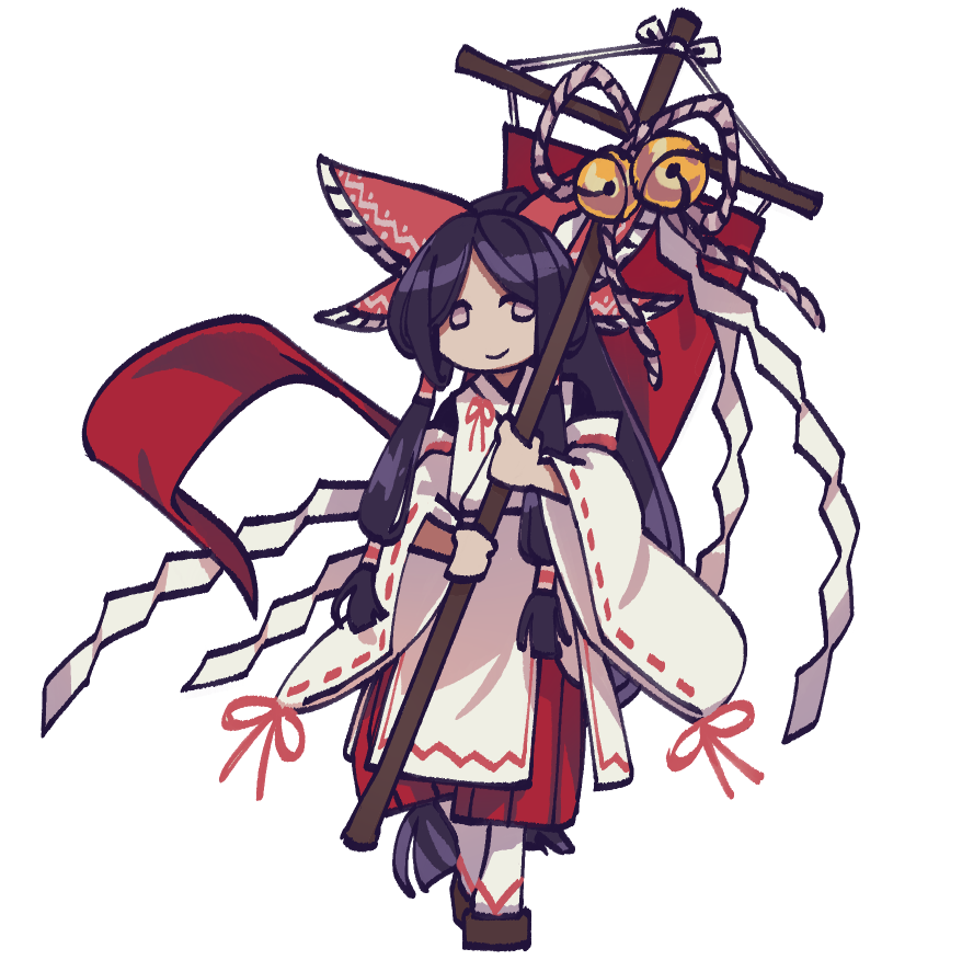 1girl bell black_hair chihaya_(clothing) foul_detective_satori full_body gensokyo&#039;s_first_hakurei_miko hashtag-only_commentary japanese_clothes jingle_bell long_hair looking_at_viewer miko okobo platform_sandals red_skirt ribbon-trimmed_sleeves ribbon_trim sandals sidelocks skirt socks solo speargsun tabi touhou white_socks wide_sleeves