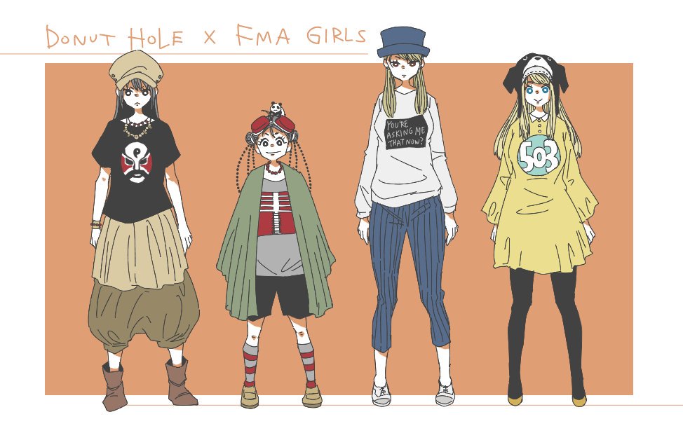 4girls :&gt; :&lt; animal animal_on_head arms_at_sides baggy_pants beret black_hair black_legwear black_shirt blonde_hair blue_eyes blue_headwear blue_pants boots bracelet braid brown_eyes brown_footwear clothes_writing copyright_name cosplay crossover den_(fma) donut_hole_(vocaloid) double_bun dress english_text expressionless female_focus full_body fullmetal_alchemist goggles gumi gumi_(cosplay) hair_bun happy hat hatsune_miku hatsune_miku_(cosplay) height_difference jewelry kachohuugetsu kagamine_rin kagamine_rin_(cosplay) lan_fan legs_apart long_hair long_sleeves looking_at_viewer mask may_chang megurine_luka megurine_luka_(cosplay) multiple_girls necklace on_head panda pants pantyhose pearl_necklace red_background riza_hawkeye shaded_face shirt short_sleeves simple_background smile socks standing striped_clothes striped_legwear striped_socks top_hat twin_braids twintails vertical-striped_legwear vocaloid white_background white_shirt winry_rockbell xiao-mei yellow_dress