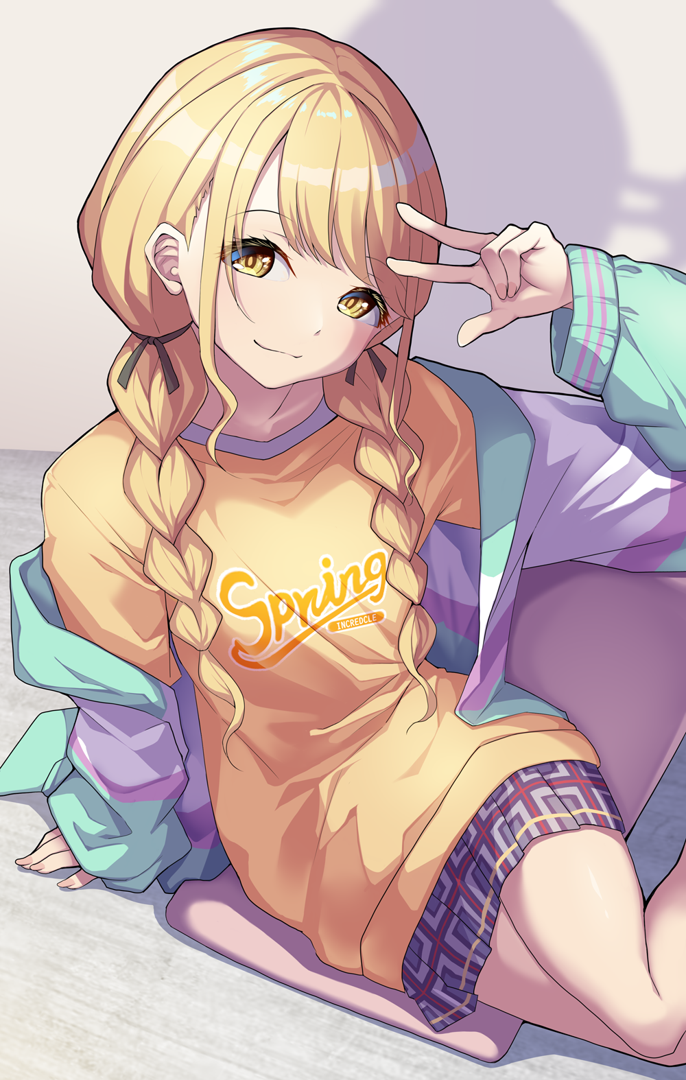 1girl arm_up black_ribbon blonde_hair blue_jacket braid closed_mouth commentary_request creek_(moon-sky) feet_out_of_frame fujita_kotone gakuen_idolmaster hair_over_shoulder hair_ribbon highres idolmaster jacket long_hair long_sleeves looking_at_viewer low_twintails off_shoulder open_clothes open_jacket pillow plaid_clothes plaid_skirt pleated_skirt puffy_long_sleeves puffy_sleeves ribbon shirt skirt sleeves_past_wrists smile solo twin_braids twintails w yellow_eyes yellow_shirt