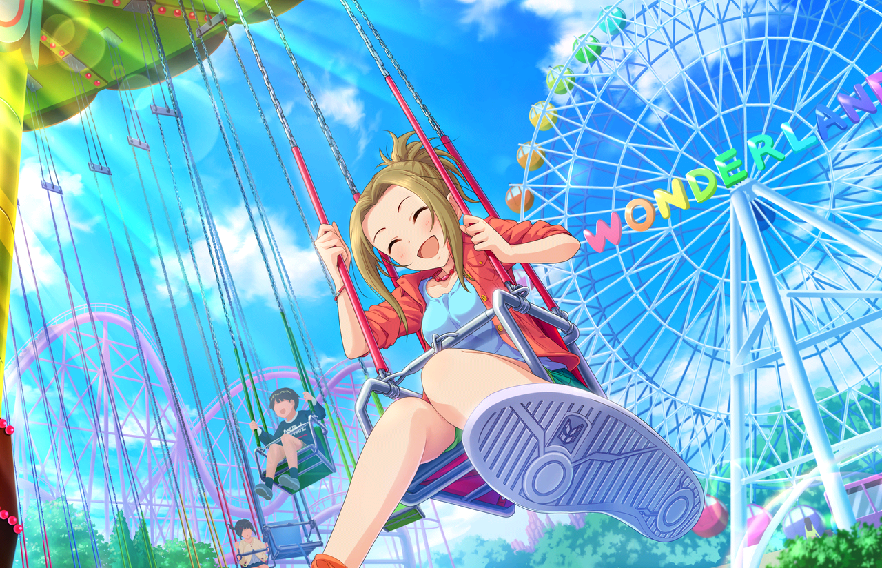 blush brown_hair dres closed_eyes ferris_wheel hsmilesky idolmaster idolmaster_cinderella_girls idolmaster_cinderella_girls_starlight_stage manabe_itsuki official_art short_hair swing