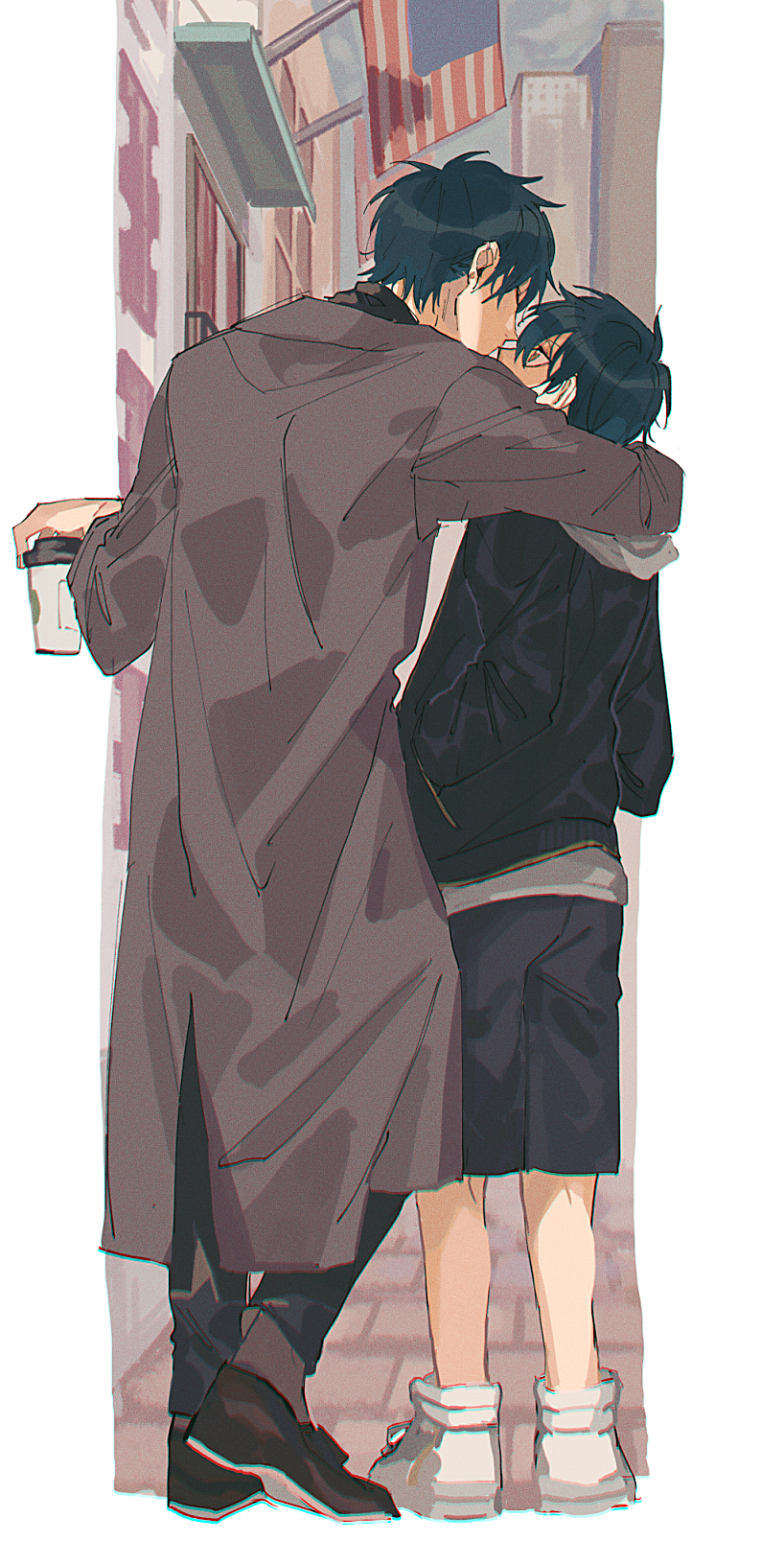 2boys american_flag aqua_hair arm_around_shoulder black_jacket black_pants black_shirt black_shoes black_shorts border brothers brown_eyes building chromatic_aberration city closed_eyes coat cup disposable_coffee_cup disposable_cup ear_piercing earrings echizen_ryooga echizen_ryooma film_grain from_behind full_body grey_coat hair_between_eyes half-siblings hands_in_pockets high_tops highres holding holding_cup hood hoodie hunched_over imminent_kiss incest ioko_(10k0) jacket jacket_over_hoodie jewelry looking_at_another multiple_boys outdoors pants piercing shirt shoes short_hair shorts siblings sneakers socks standing stud_earrings tennis_no_ouji-sama turtleneck white_border white_hoodie white_shoes yaoi yellow_trim