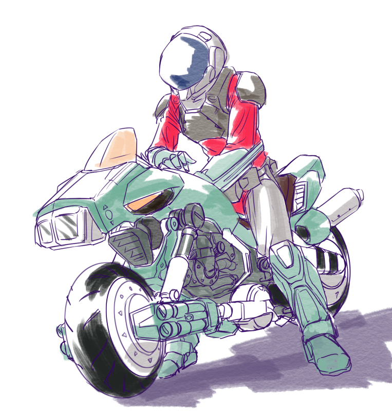 1980s_(style) 1boy armor boots commentary_request exoskeleton helmet kemi_(kemi433) kikou_souseiki_mospeada male_focus marker_(medium) mecha missile_pod mospeada mospeada_(mecha) motor_vehicle motorcycle oldschool pilot power_armor redesign retro_artstyle ride_armor robot scan science_fiction shadow shield simple_background sketch soldier solo spacesuit stick_bernard traditional_media uniform