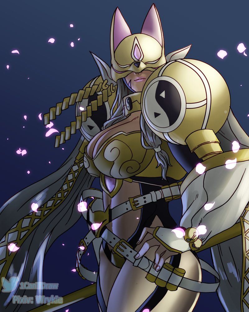 armor digimon digimon_(creature) fox_mask long_hair mask sakuyamon sakuyamon_x-antibody yin_yang