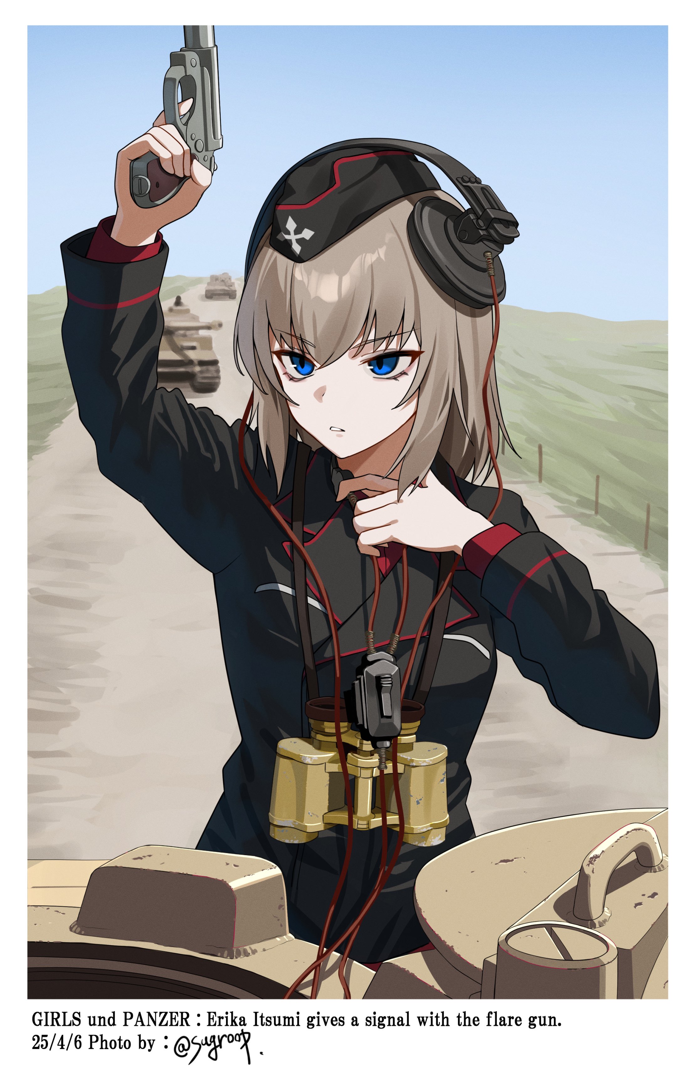 1girl absurdres binoculars black_hat black_jacket blue_eyes brown_hair cable dated day english_text fake_photograph flare_gun garrison_cap girls_und_panzer gun hashtag-only_commentary hat headset highres holding holding_gun holding_weapon itsumi_erika jacket kuromorimine_military_uniform long_sleeves looking_to_the_side medium_hair military_jacket military_vehicle motor_vehicle outdoors parted_lips solo tamusuguru tank tank_cupola throat_microphone tiger_i twitter_username upper_body weapon