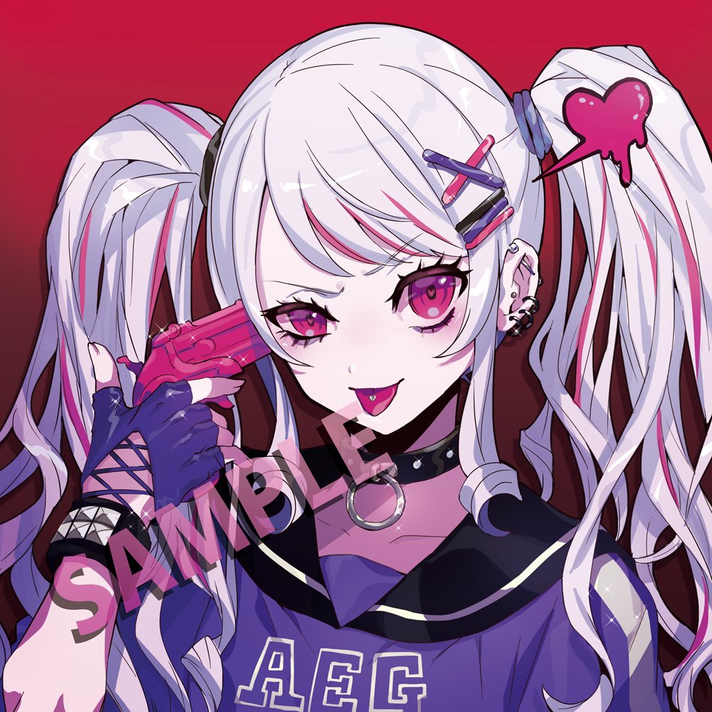 1girl black_choker choker fingerless_gloves gloves gun hair_ornament holding holding_gun holding_weapon long_hair looking_at_viewer original pink_eyes puppeteer7777 purple_shirt school_uniform shirt simple_background smile solo tongue tongue_out upper_body weapon white_hair