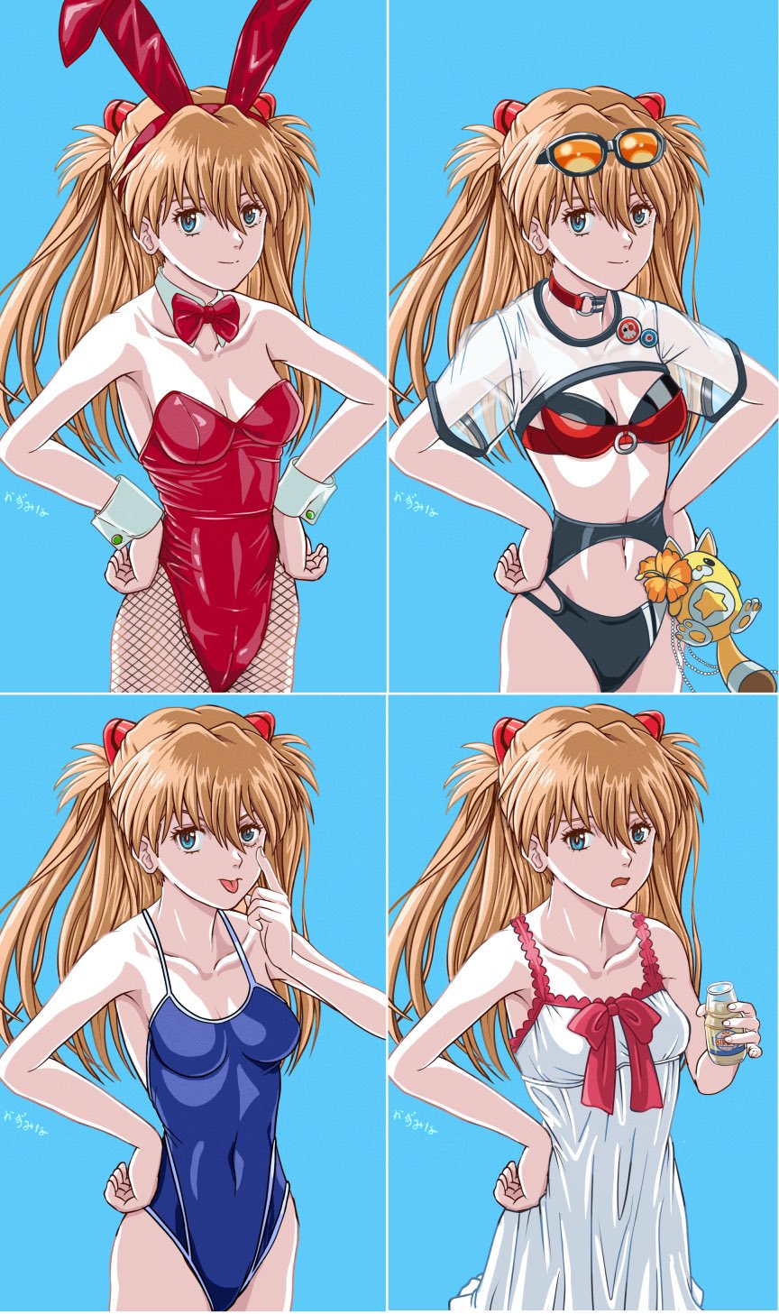 1girl :&gt; alternate_costume animal_ears bare_legs bare_shoulders bikini black_bikini blue_background blue_eyes blue_one-piece_swimsuit breasts brown_hair camisole character_doll chemise covered_navel detached_collar fake_animal_ears hand_on_own_hip hands_on_own_hips highleg highleg_bikini highres kazumina leotard looking_at_viewer multiple_views navel neon_genesis_evangelion neon_genesis_evangelion:_iron_maiden official_alternate_costume one-piece_swimsuit pantyhose playboy_bunny rabbit_ears red_leotard see-through_clothes see-through_shirt shiny_skin shironeko_project shirt smile souryuu_asuka_langley sunglasses_on_head swimsuit tsundere twintails white_chemise wide_hips
