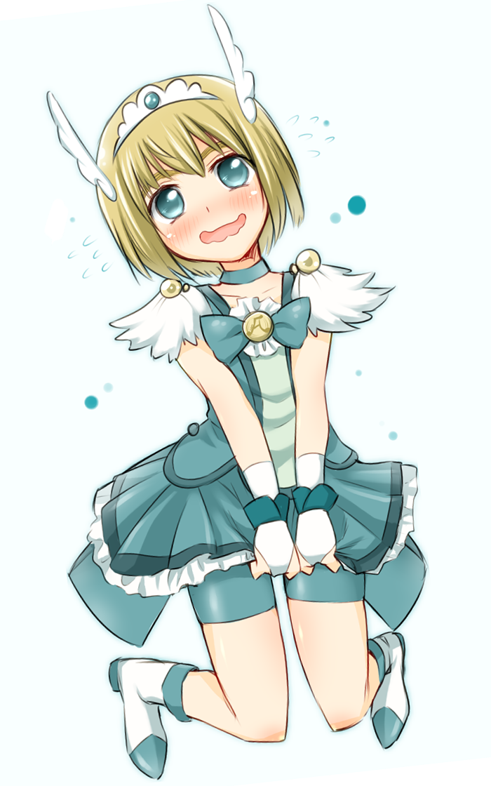 1boy arakawa_tarou armin_arlert bike_shorts bike_shorts_under_skirt blonde_hair blue_dress blue_eyes blue_skirt blue_theme blush boots cosplay crossdressing crossdressing_(mtf) crossover cure_beauty cure_beauty_(cosplay) dress embarrassed fingerless_gloves full_body gloves hair_ornament knee_boots looking_at_viewer male_focus precure ribbon shingeki_no_kyojin short_hair shorts shorts_under_skirt simple_background skirt smile_precure! solo trap white_background wrist_cuffs