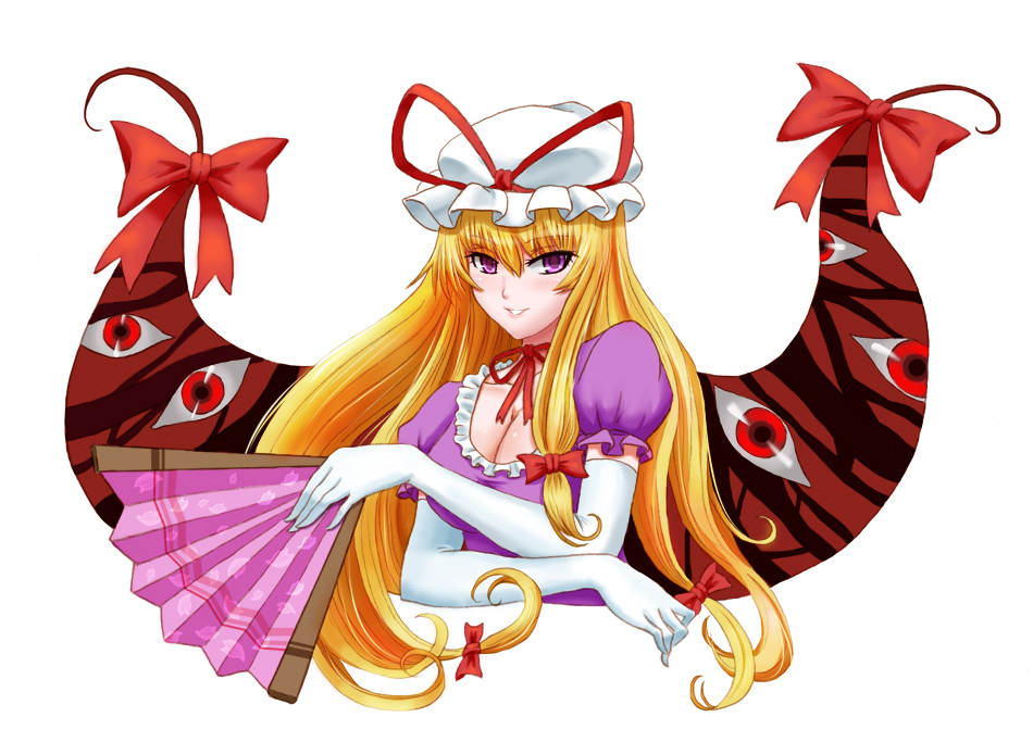 1girl bad_id bad_pixiv_id blonde_hair elbow_gloves hand_fan female_focus folding_fan gap_(touhou) gloves hat long_hair purple_eyes solo touhou white_gloves windtalker yakumo_yukari