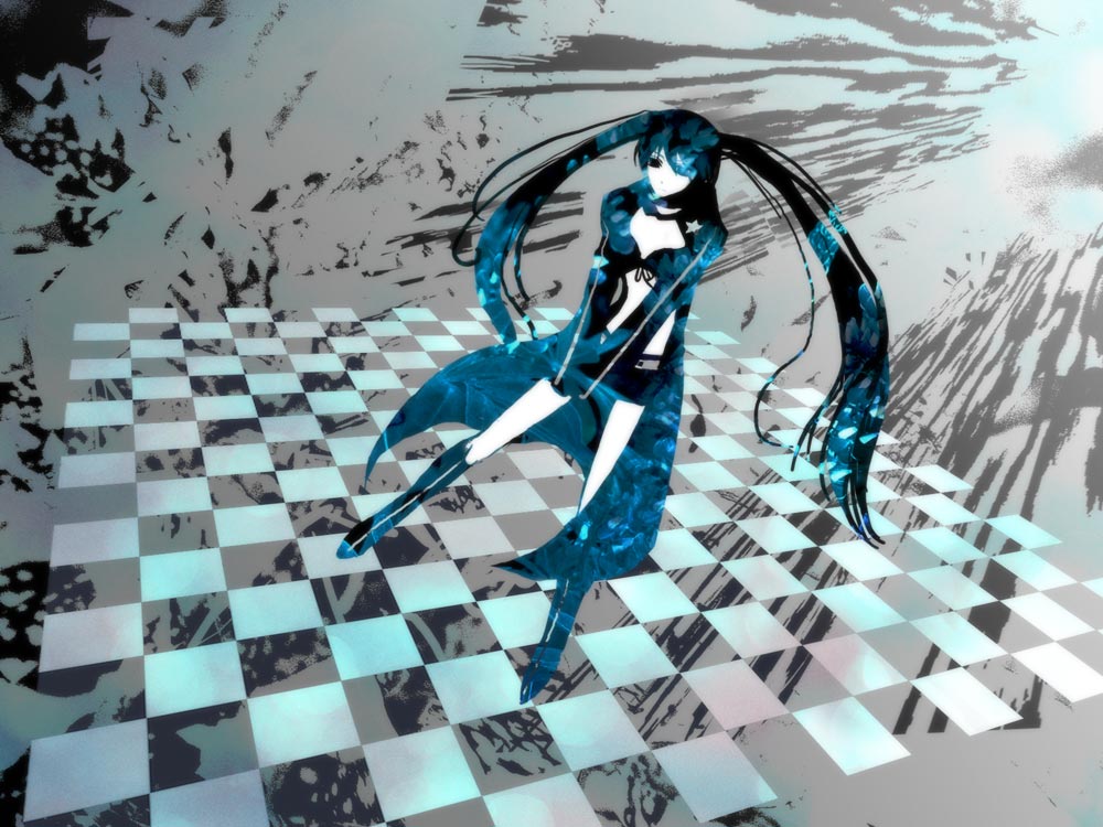 10s 1girl bad_id bad_pixiv_id be be_(beaker) beaker black_hair black_rock_shooter black_rock_shooter_(character) blacku00e2u02dcu2026rock_shooter female_focus midriff solo twintails