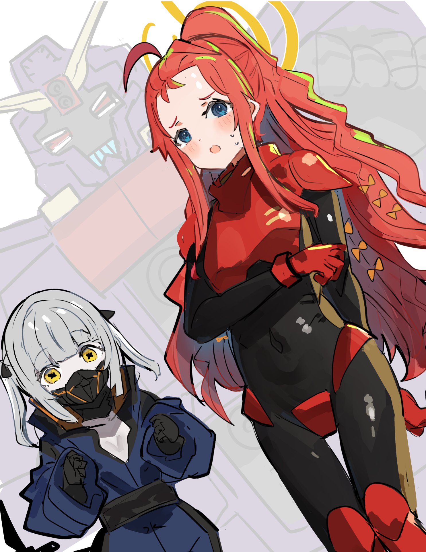 1other 2girls alternate_costume avant_garde_(blue_archive) blue_archive blue_eyes bodysuit deux_murasame halo highres looking_at_viewer multiple_girls ple_two psycho_gundam_mk_ii the_olphy yuzu_(blue_archive)