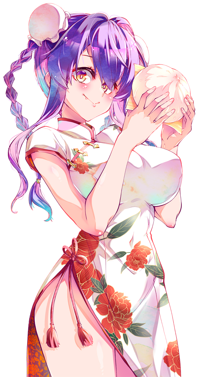 1girl alternate_costume alternate_hairstyle breasts brown_eyes china_dress chinese_clothes cowboy_shot double_bun dress floral_print food hair_bun highres holding holding_food imu_sanjo kantai_collection long_hair looking_at_viewer naganami_(kancolle) purple_hair smile solo steamed_bun white_dress