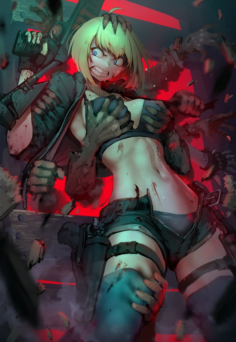 1girl black_bra black_jacket black_shorts black_thighhighs blonde_hair blue_eyes blurry blurry_foreground bra breasts clenched_teeth grabbing_another&#039;s_breast groping gun hetza_(hellshock) highres holding holding_gun holding_weapon jacket medium_breasts medium_hair navel open_clothes open_jacket open_shorts original rifle second-party_source short_shorts shorts solo_focus teeth thighhighs underwear weapon zombie