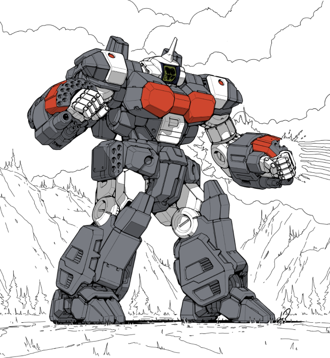 arm_cannon battle battletech battroid choujikuu_yousai_macross clenched_hand cloud commentary crossover darkton-artemis english_commentary fire firing machinery macross mecha missile missile_pod no_humans original redesign robot robotech science_fiction signature sketch u.n._spacy vf-1 vf-1j vf-1j_armored weapon