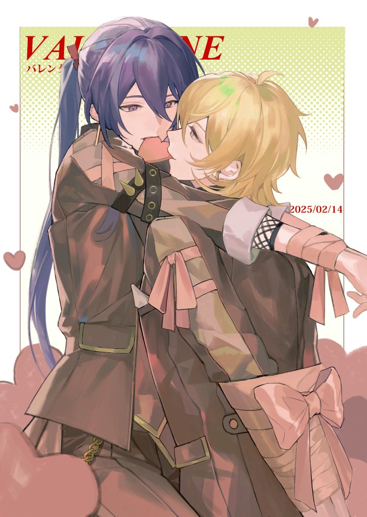2boys ahoge armlet arms_around_neck arms_behind_back blonde_hair border bound bound_arms bound_wrists brown_jacket brown_pants cowboy_shot dated earrings ensemble_stars! fishnet_arm_warmers gold_earrings gradient_background hair_between_eyes hair_intakes hakaze_kaoru heart jacket jewelry kanzaki_souma long_hair looking_at_another medium_hair motoyui mouth_hold multiple_boys official_alternate_costume outside_border pants ponytail purple_eyes purple_hair ribbon ribbon_bondage ru_kosin sidelocks spiked_armlet valentine very_long_hair white_background white_border wolf_cut yaoi yellow_background yellow_eyes