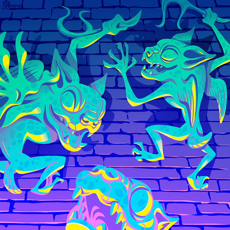 brick_wall claws climbing_wall elden_ring holding holding_weapon imp_(elden_ring) limited_palette monster no_humans open_mouth sharp_teeth teeth versiris weapon wings
