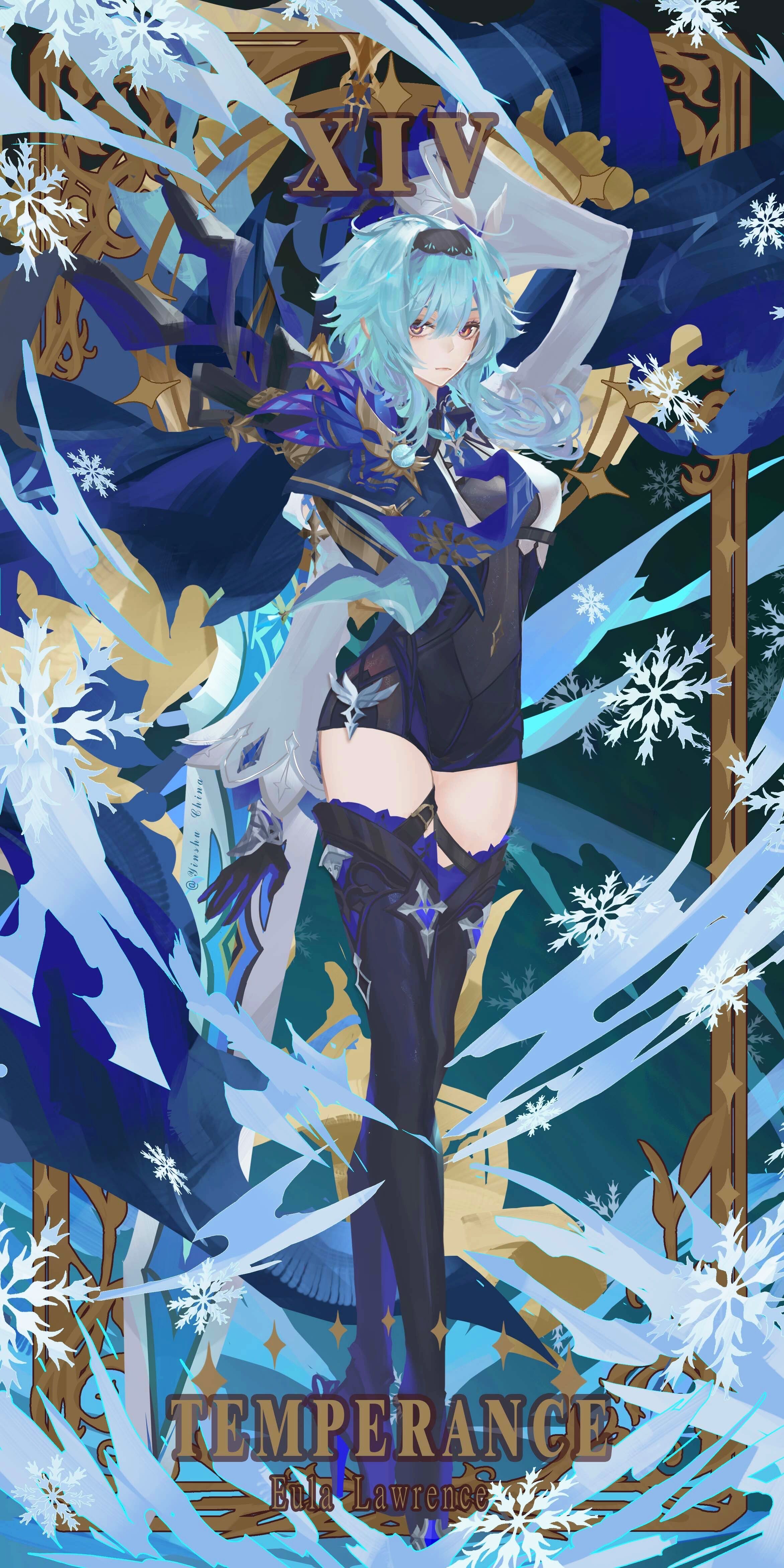 1girl absurdres arm_up black_bodysuit black_boots black_gloves blue_cape blue_hair blue_necktie blue_thighhighs bodysuit boots brown_eyes cape card_(medium) closed_mouth cryo_symbol_(genshin_impact) english_text eula_(genshin_impact) full_body genshin_impact gloves hair_ornament highres li0n_(kongshushiwo) light_blue_hair long_sleeves medium_hair necktie shirt sleeves_past_wrists snowflakes solo standing tarot tarot_(medium) temperance_(tarot) thigh_boots thighhighs vision_(genshin_impact) white_shirt