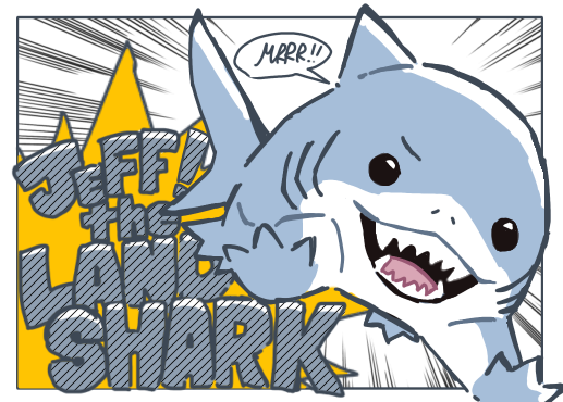 1boy cani character_name commentary_request english_text fangs fins fish_tail gills grey_scales jeff_(marvel) jumping looking_to_the_side male_focus marvel motion_lines open_mouth shark shark_fin shark_tail smile speech_bubble tail