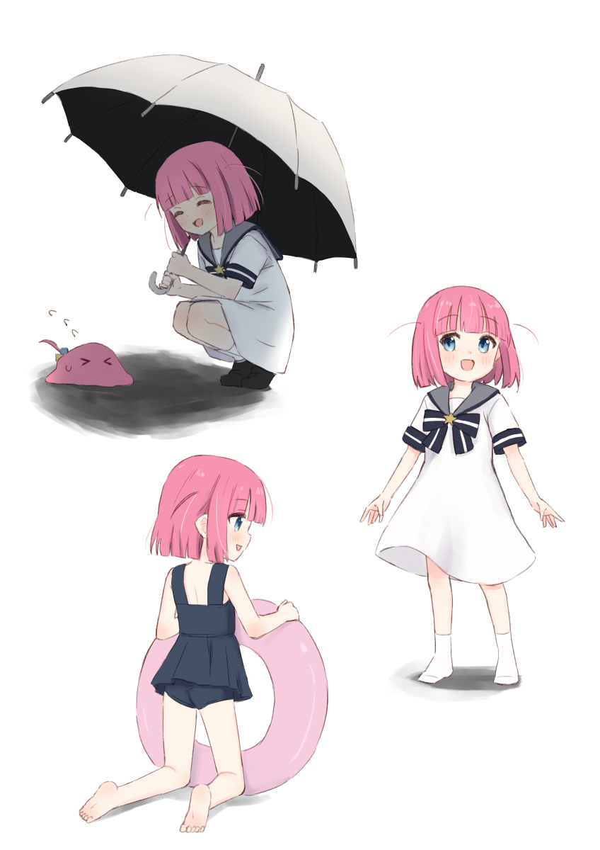 &gt;_&lt; 1girl barefoot black_footwear blue_bow blue_bowtie blue_dress blue_eyes blue_sailor_collar blush bocchi_the_rock! bow bowtie closed_eyes commentary cube_hair_ornament dress dress_swimsuit flying_sweatdrops from_behind full_body gotoh_futari gotoh_hitori gotoh_hitori_(octopus) grey_sailor_collar hair_ornament highres holding holding_tube holding_umbrella kneeling kuramoto_takato looking_at_another looking_at_viewer multiple_views no_shoes open_mouth pink_hair sailor_collar sailor_dress short_hair short_sleeves simple_background smile socks spine squatting star_ornament tube two_side_up umbrella white_background white_dress white_socks white_umbrella