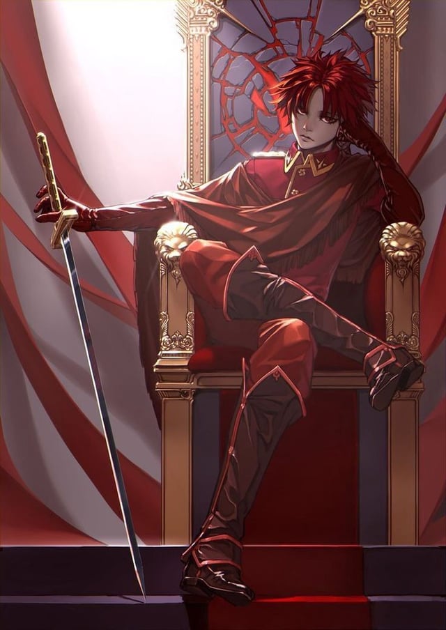 1boy amura_(maou_gakuin) angry full_body jacket looking_at_viewer male_focus maou_gakuin_no_futekigousha multicolored_background pants red_hair red_jacket red_pants short_hair sword weapon