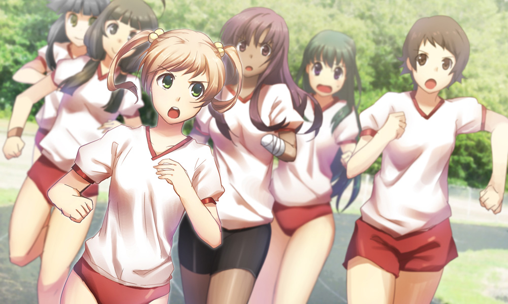 6+girls :&gt; :o amputee artist_request bandages black_hair black_shorts blonde_hair blue_hair blunt_bangs blurry brown_eyes brown_hair buruma clenched_hand clenched_hands closed_mouth dark-skinned_female dark_skin day game_cg grass green_eyes gym_shirt gym_uniform ibarazaki_emi katawa_shoujo long_hair miura_miki multiple_girls non-web_source official_art open_mouth outdoors purple_eyes purple_hair racing red_buruma red_shorts running shirt short_hair short_sleeves shorts smile sweatdrop teeth track_and_field tree twintails upper_teeth_only v-shaped_eyebrows white_shirt