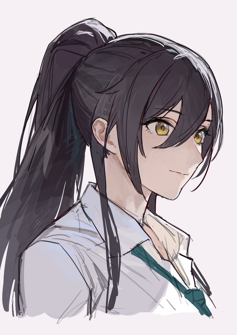 1girl black_hair collared_shirt hair_between_eyes highres idolmaster idolmaster_shiny_colors light_smile long_hair looking_ahead loose_necktie necktie ponytail shirase_sakuya shirt simple_background sketch solo swept_bangs upper_body white_shirt yellow_eyes zhili_xingzou