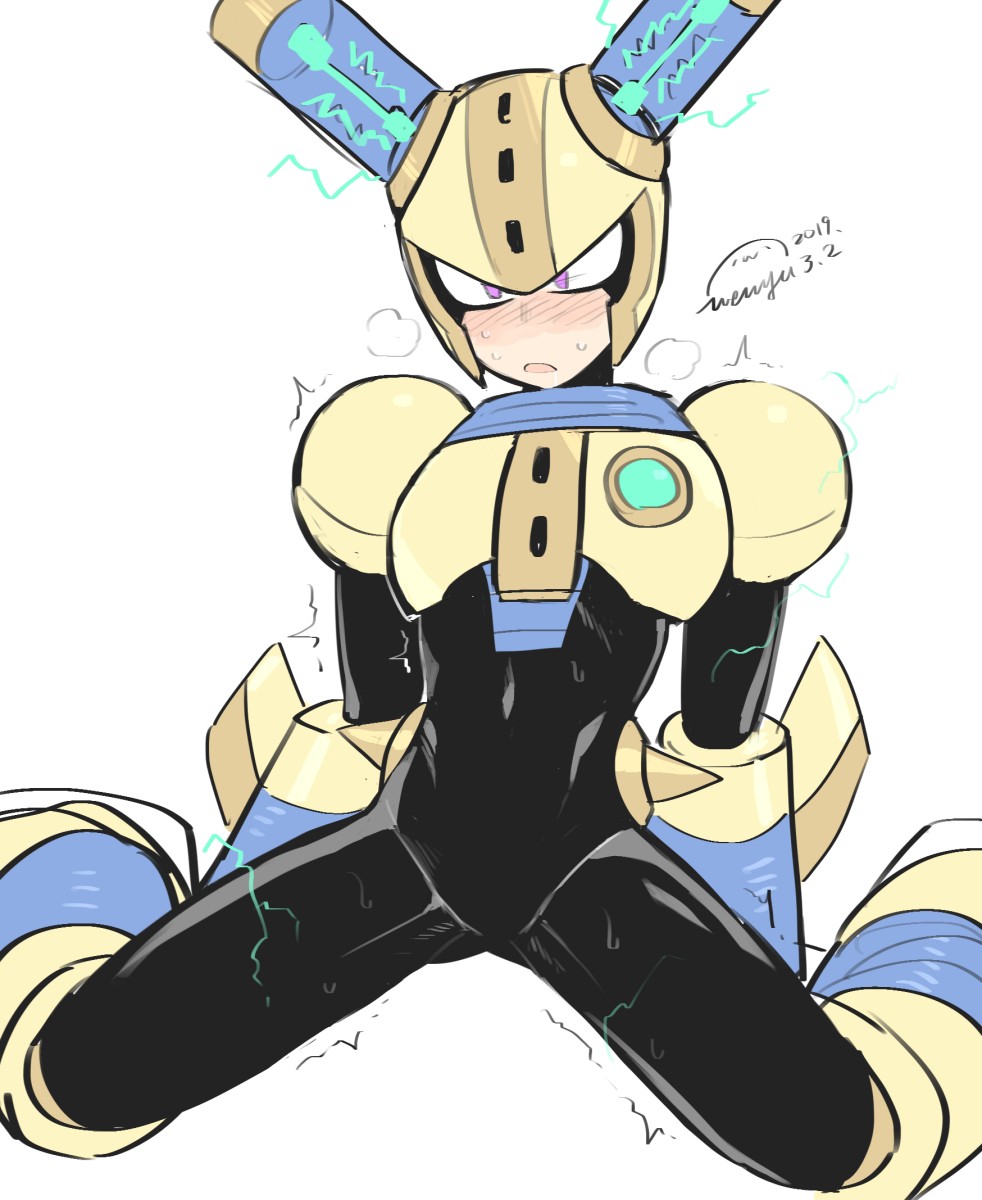 1boy android armor black_bodysuit blush bodysuit breastplate commentary_request covered_navel electricity feet_out_of_frame fuse fuse_man gloves heavy_breathing helmet highres joints legs_apart male_focus mega_man_(classic) mega_man_(series) mega_man_11 parted_lips purple_eyes robot robot_joints shoulder_armor simple_background sitting solo solo_focus spread_legs sweat sweatdrop trembling vambraces wariza wenyu white_background yellow_armor yellow_headwear