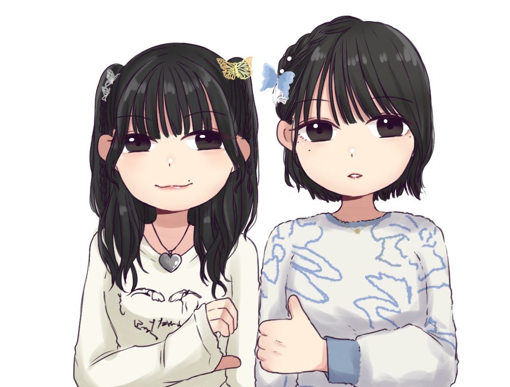 2girls :3 actor arm_at_side black_eyes black_hair braid butterfly_hair_ornament closed_mouth clothes_writing crown_braid grey_sweater hair_ornament hand_up heart heart_hands_failure heart_necklace ishii_haruna jewelry long_hair long_sleeves looking_at_viewer mole mole_above_mouth mole_under_eye multiple_girls necklace nigari_(ngari_0115) nomoto_sora parted_lips print_shirt real_life shirt short_hair side-by-side simple_background single_braid sleeves_past_wrists smile sweater thumbs_up two_side_up upper_body white_background white_shirt