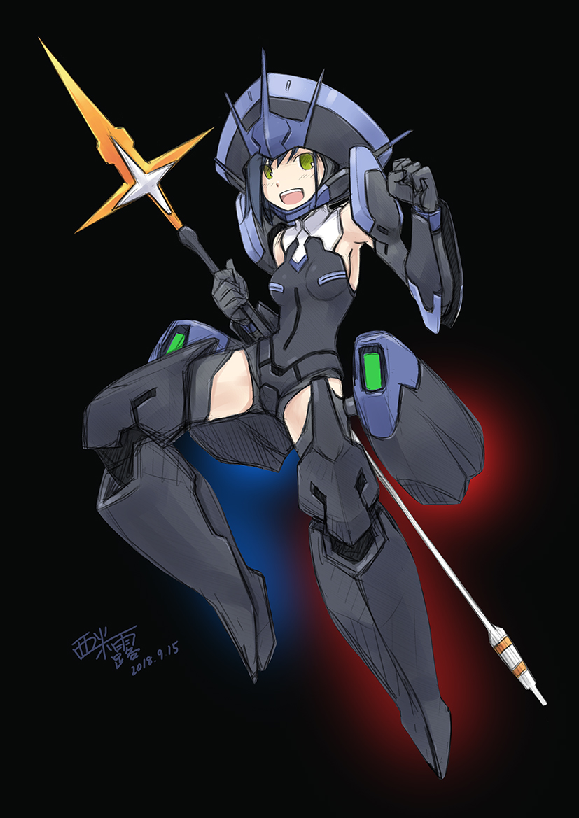 10s 1girl armor bare_shoulders black_armor black_background black_gloves blue_hair blue_theme breasts commentary_request darling_in_the_franxx dated delphinium_(darling_in_the_franxx) female_focus floating flying full_armor gloves green_eyes hair_between_eyes holding holding_polearm holding_spear holding_weapon ichigo_(darling_in_the_franxx) looking_at_viewer mecha_musume open_mouth polearm red_theme short_hair shoulder_armor signature simelu small_breasts smile solo spear teeth thighs weapon