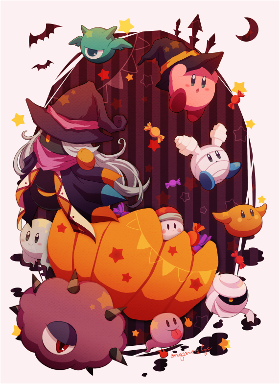 :o :p arms_up bat_(animal) black_background black_headwear blinkbat blue_eyes blush blush_stickers booler_(kirby) boomer_(kirby) candy cloak closed_mouth commentary_request copy_ability crescent_moon drawcia food ghost_kirby grey_hair hat kirby kirby_(series) kotori_(lycka) kracko&#039;s_revenge long_hair looking_at_viewer moon mumbies_(kirby) mummbon nintendo one-eyed open_mouth pink_scarf purple_cloak purple_headwear red_background red_eyes red_headwear scarf scarfy simple_background smile solid_oval_eyes spiked string_of_flags striped_background tongue tongue_out v-shaped_eyebrows white_background witch_hat